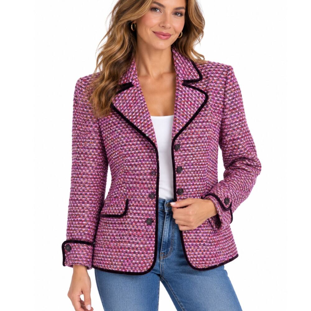Vintage Escada Bouclé Blazer Pink Purple Wool Mohair Metallic Velvet Trim